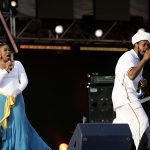 11 June 2005: From left, Bongo Maffin members Thandiswa Mazwai and Adrian Mupemhi performing at the 46664 Arctic concert at Fyllingen in Tromso, Norway. (Photograph by Dave Hogan/Getty Images)