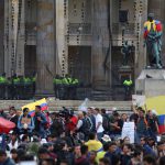 27 November 2019: Hundreds of citizens gathered in Bolivar Square in Bogota, Colombia, on the seventh consecutive day of protests against the government of President Iván Duque. (Photograph by Lokman Ilhan/Anadolu Agency via Getty Images)