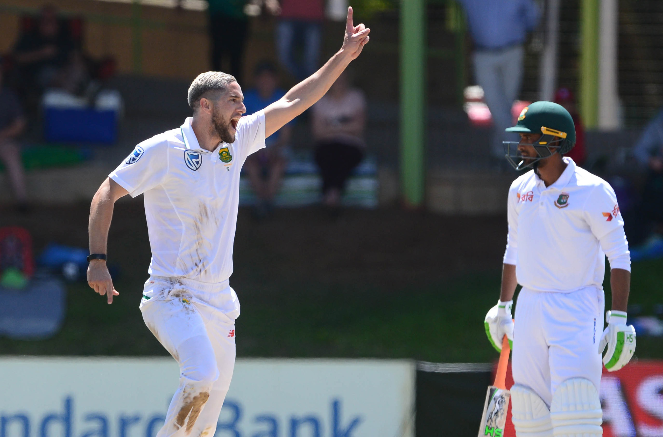 8 October 2017: Left-arm seamer Wayne Parnell celebrates the wicket of Mushfiqur Rahim on day three of the Proteas’ second Sunfoil Test match against Bangladesh at Mangaung Oval in Bloemfontein, South Africa. (Photograph by Lee Warren/Gallo Images/Getty Images)