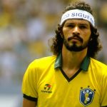 1 June 1986: Sócrates before Brazil’s 1-0 World Cup win against Spain at the Jalisco Stadium in Guadalajara, Mexico. The footballer often wore headbands bearing political messages when he played. (Photograph by David Cannon/Allsport)