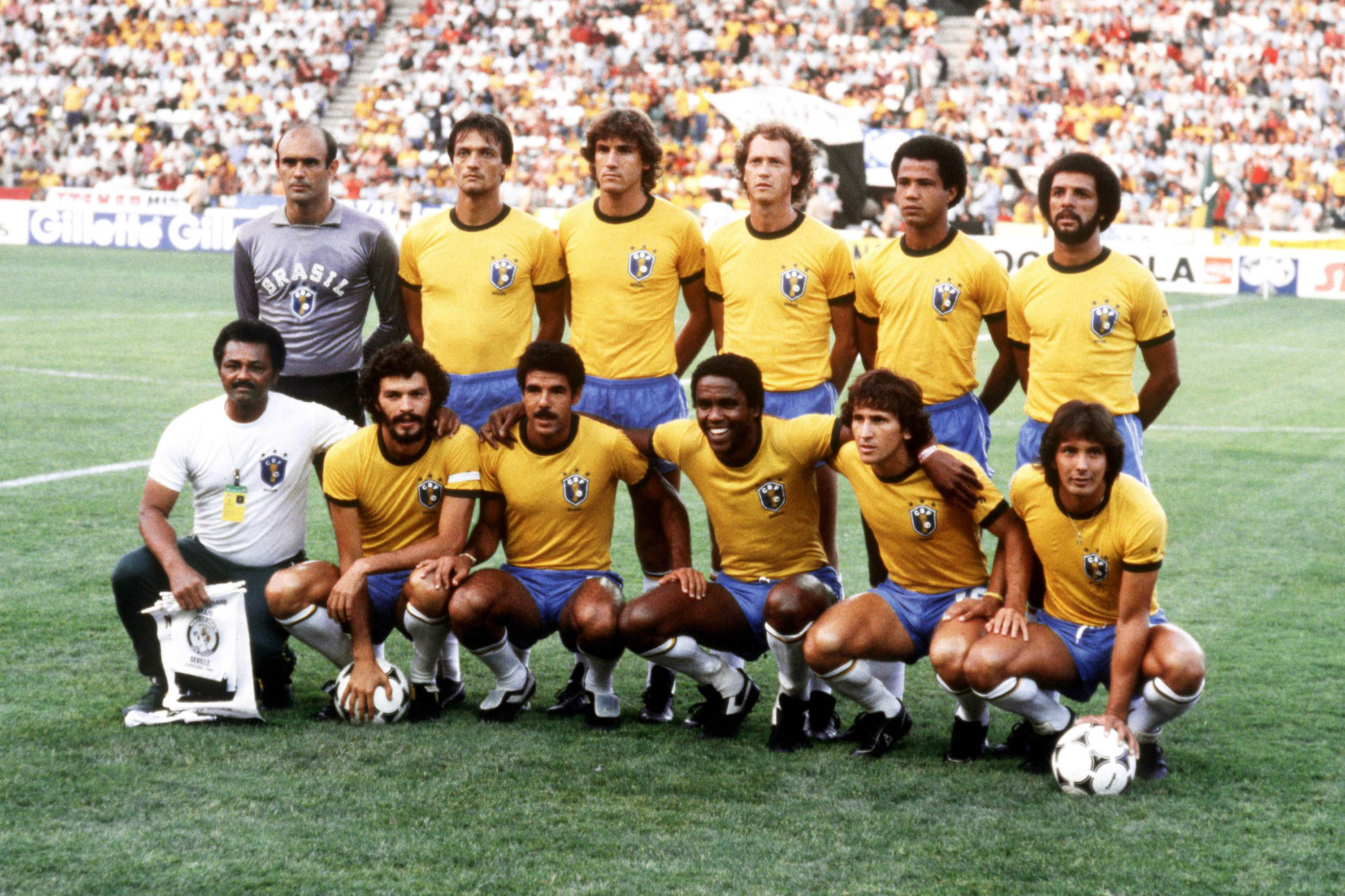 June 1986: The best Brazilian team never to have won a World Cup. Sócrates (bottom, second from left) captained this star-studded national team. (Photograph by Peter Robinson/Getty Images)