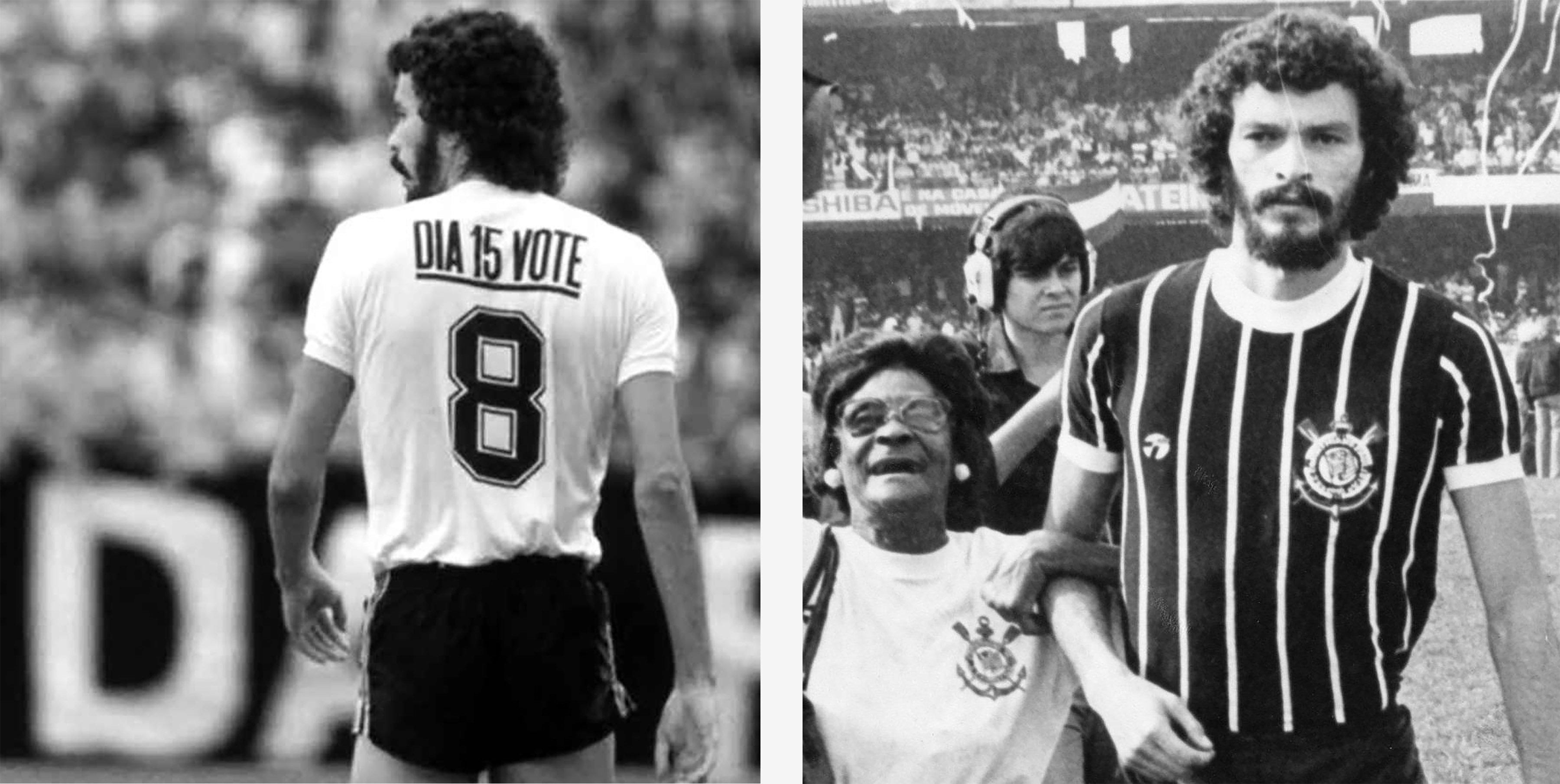 (Left) Sócrates wearing his iconic No. 8 Corinthians shirt with a message encouraging fans to vote. (Right) A fan links arms with Sócrates after a Corinthians game. (Photographs by Getty Images)