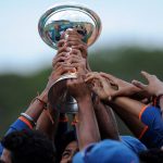 26 August 2012: India lifting the ICC Under-19 Cricket World Cup trophy after beating Australia in Townsville, Queensland. India beat Australia again in the 2018 final, played in Mount Maunganui, New Zealand. (Photograph by Matt Roberts/Getty Images)