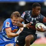 2 March 2019: (From left) Jean-Luc du Plessis of the Stormers coming in for the tackle on Aphelele Fassi of the Sharks during a Super Rugby match at Jonsson Kings Park in Durban. (Photograph by Steve Haag/Gallo Images)