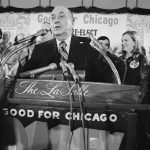 25 February 1975: The mayor of Chicago, Richard J Daley, is cheered by his number one fan, Mrs Daley (left), as he begins his victory speech at his campaign headquarters in downtown Chicago.