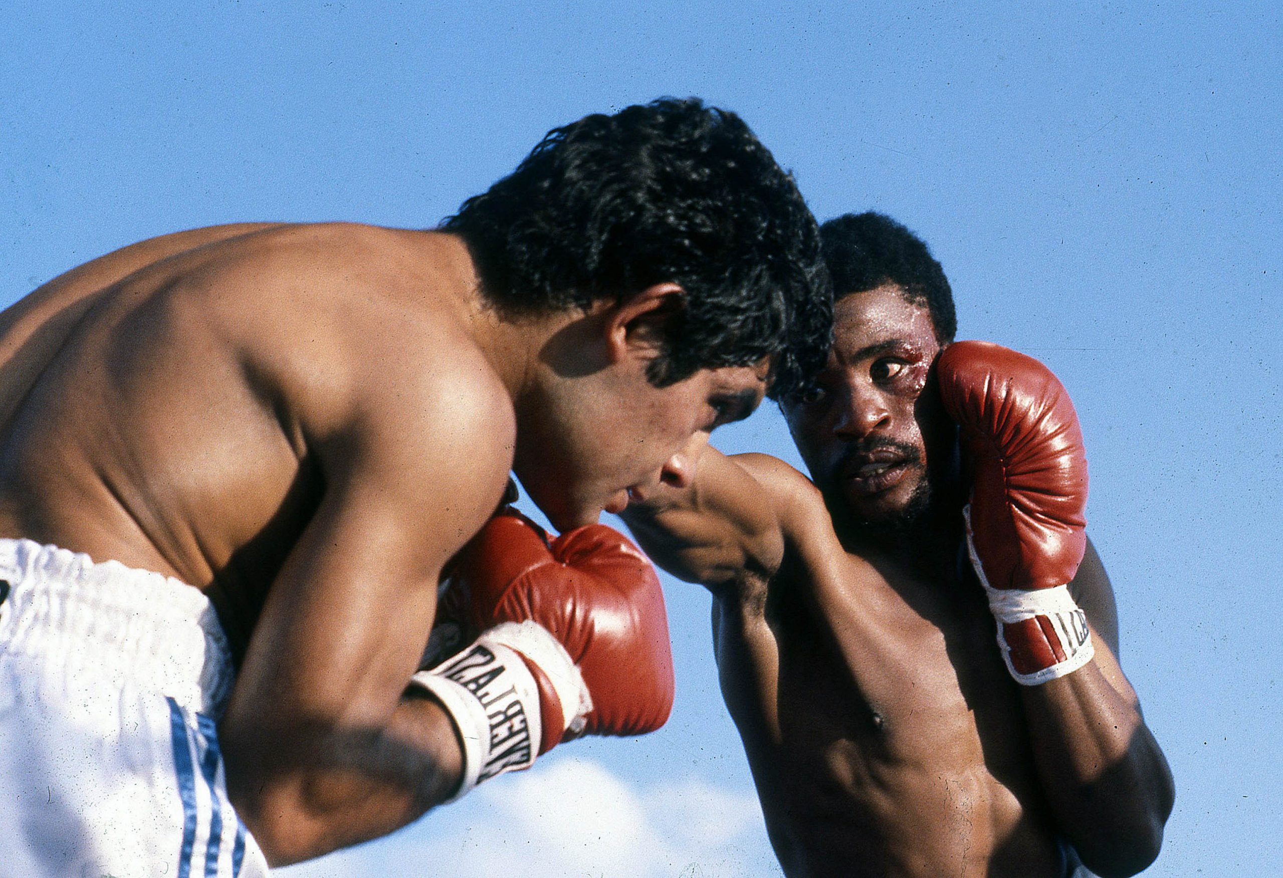 Undated: Santos Laciar of Argentina and Peter Mathebula of South Africa during their bout in Soweto. (Photograph by Wessel Oosthuizen/Gallo Images)