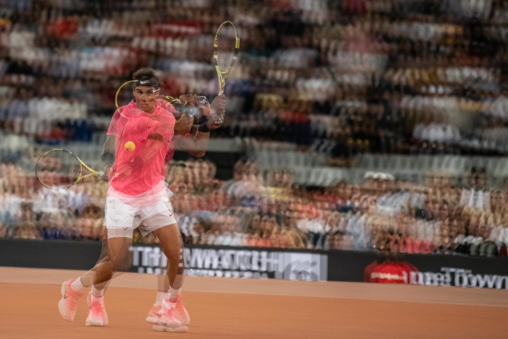 7 February 2020: A multiple exposure image of Rafael Nadal in action as he plays against Roger Federer.