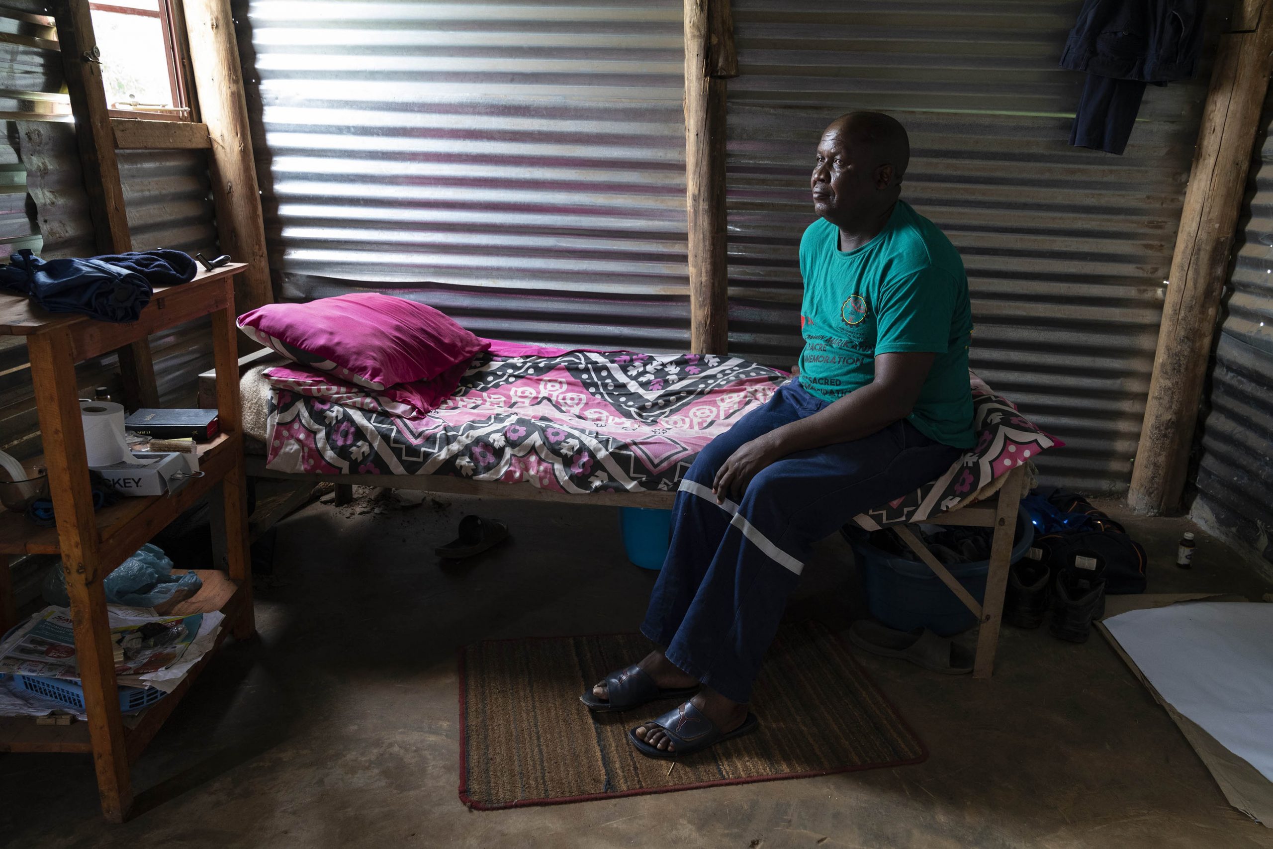 12 February 2020: Samancor chrome mine worker David Tshabalala inside his one-room home at Bokamoso. 