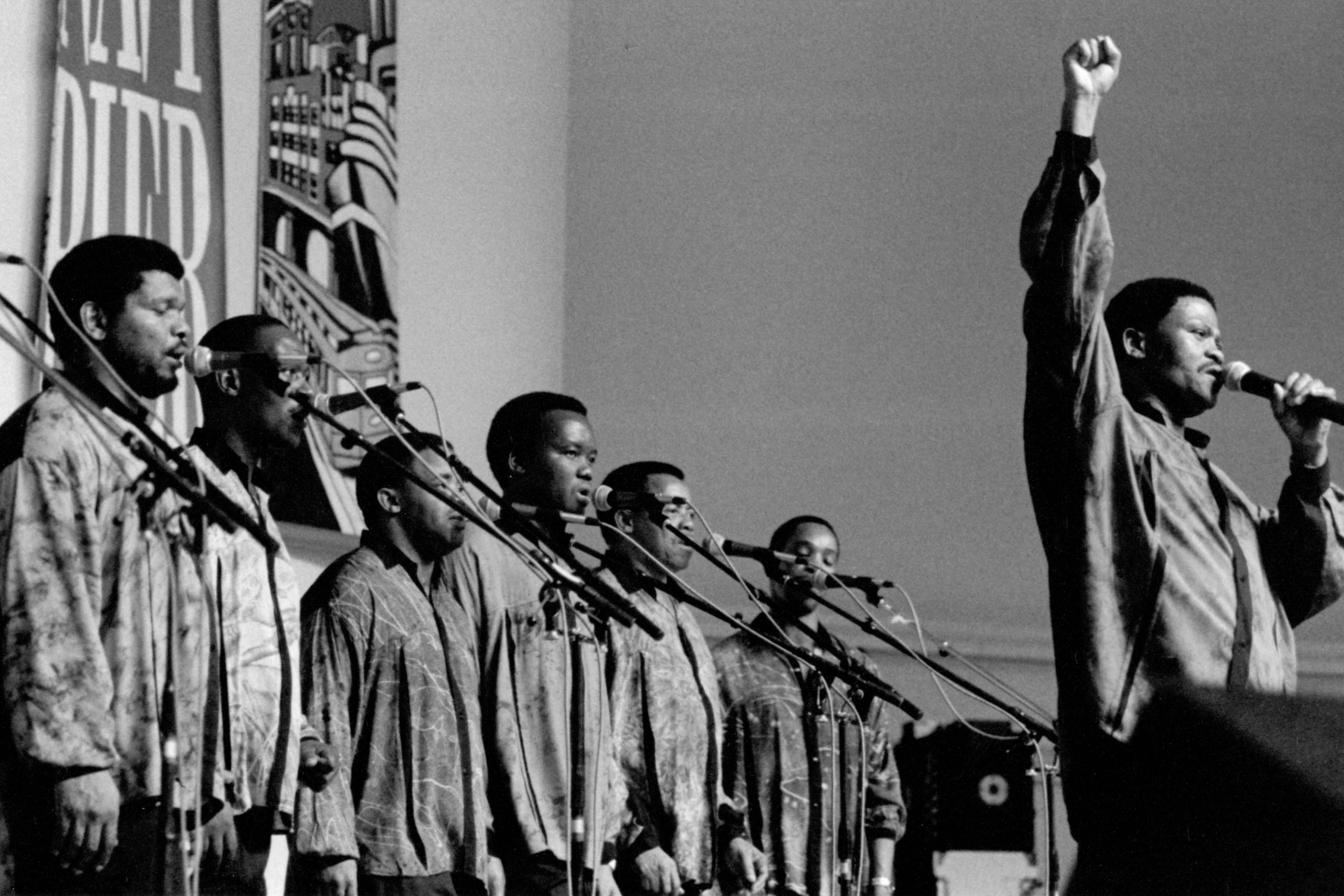 Circa 2000: Ladysmith Black Mambazo is an isicathamiya choir, traditionally all male. Nominated for 17 Grammy Awards, they have won five, most recently Best World Music Album in 2017. (Photograph by James Fraher/Michael Ochs Archives/Getty Images)