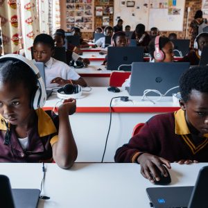 26 February 2020: From left, Zanele Mavume, 11, and Karabo Metsing, 11, using the newly opened computer lab at the African Children’s Feeding Scheme Education Centre in Meadowlands, Soweto.