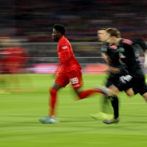 14 December 2019: Bayern Munich’s Alphonso Davies battles for the ball during a Bundesliga match against Werder Bremen in Munich, Germany. (Photograph by Alexander Hassenstein/ Bongarts/ Getty Images)