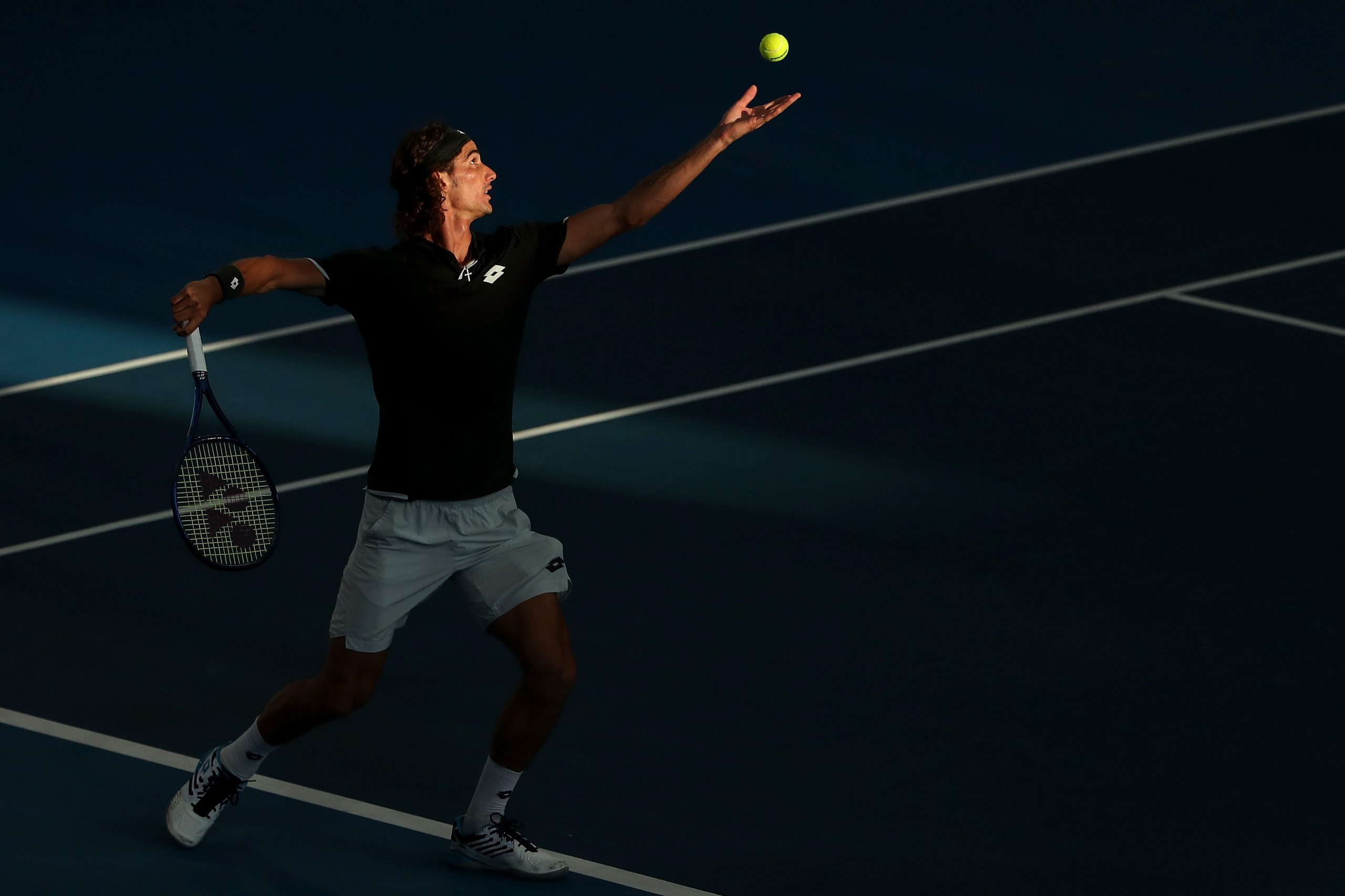 18 January 2020: Lloyd Harris serves to Russia’s Andrey Rublev during the final of the Adelaide International in Adelaide, Australia. (Photograph by Paul Kane/Getty Images)