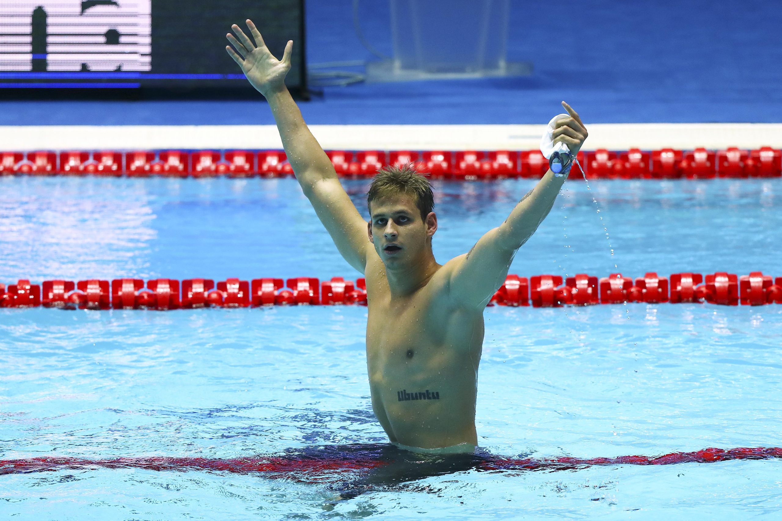 28 July 2019: Zane Waddell celebrates winning gold in the men's 50m backstroke at the Fina World Swimming Championships in Gwangju, South Korea. (Photograph by Clive Rose/ Getty Images)