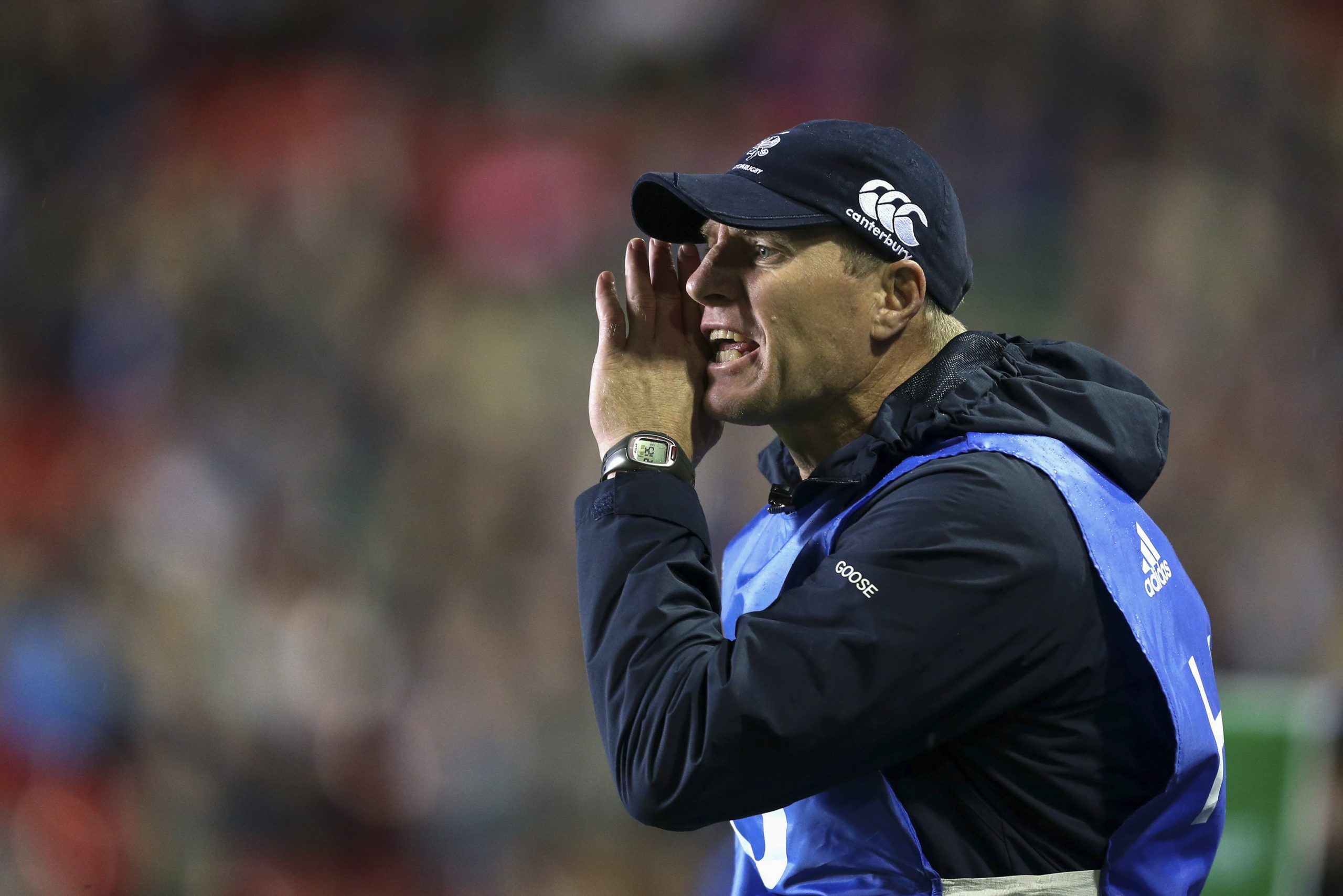 18 October 2013: Marius Goosen, assistant coach of Benetton Treviso, shouts instructions from the touchline. (Photograph by Mike Egerton/ PA Images via Getty Images)