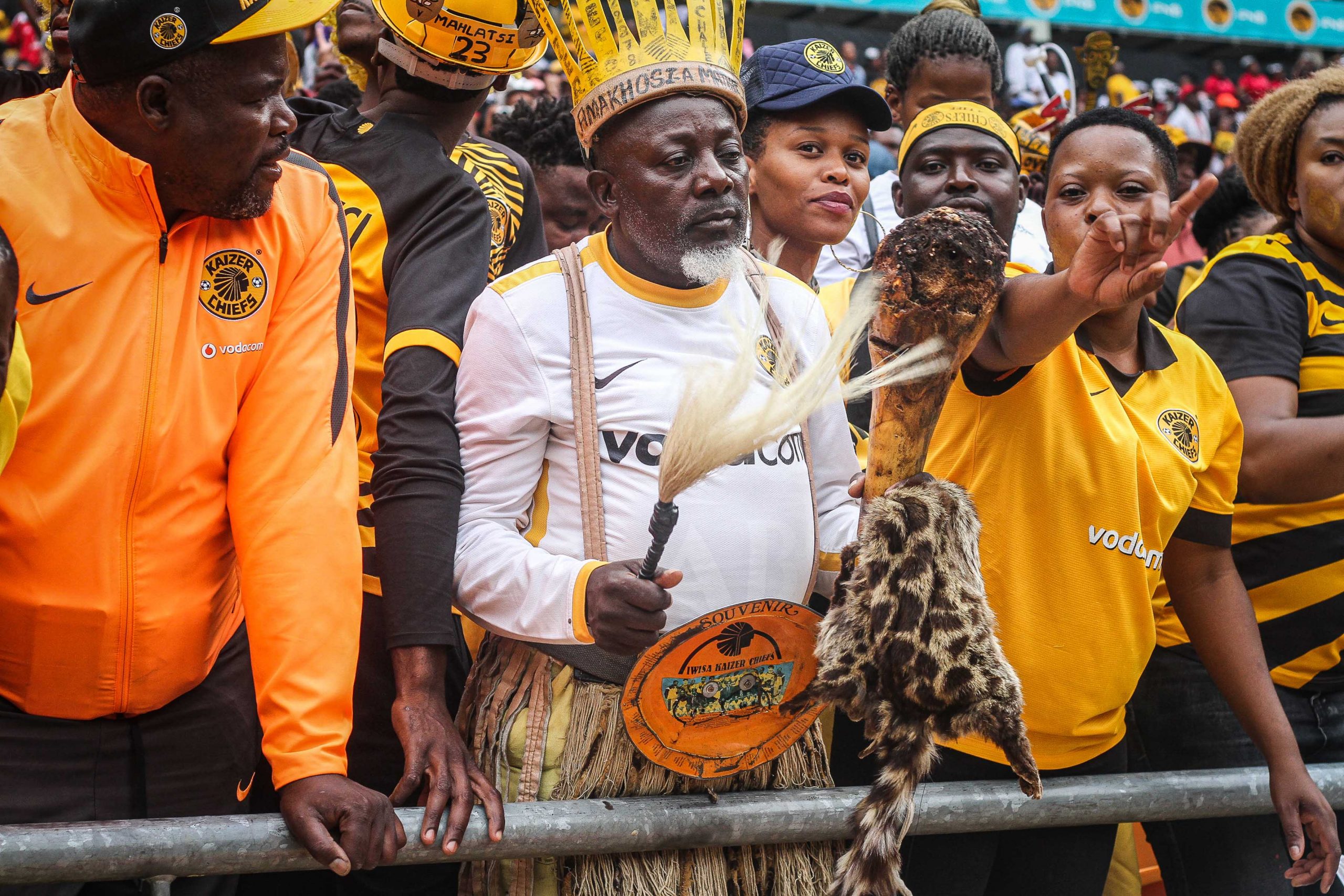 29 February 2020: Chiefs fans at the Soweto Derby called on the ancestors before kickoff. (Photograph by Lebo Edgar)