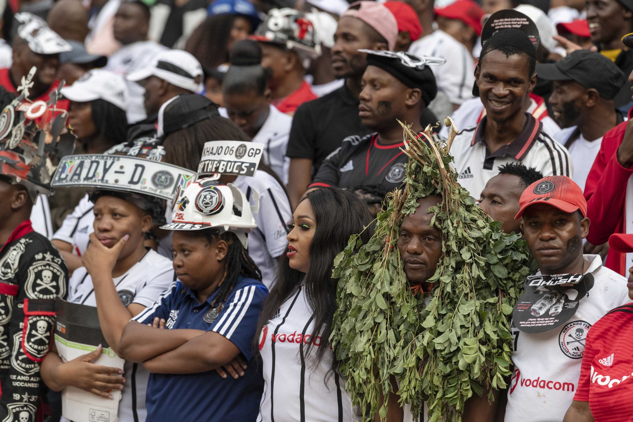 29 February 2020: Disconsolate Orlando Pirates supporters look on after Chiefs’ goal. (Photograph by Ihsaan Haffejee)