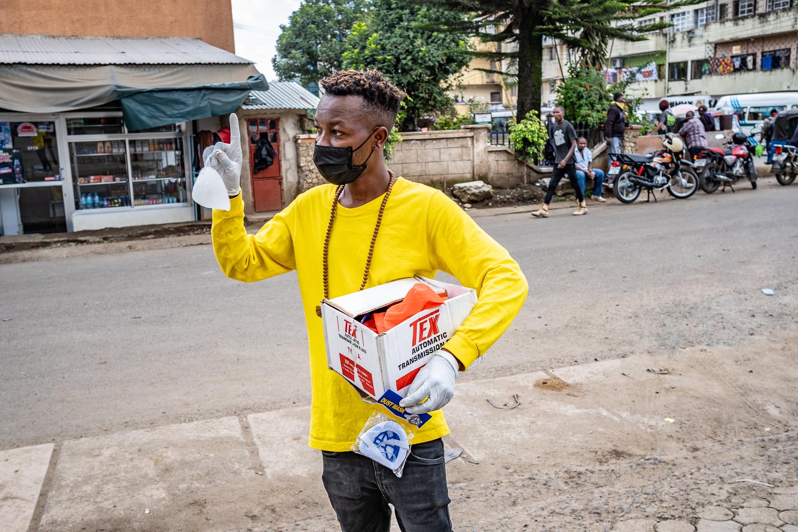 20 March 2020: A man sells face masks on the streets of Arusha a few days after the first reported Covid-19 case in Tanzania. (Photograph by Jaclynn Ashly)