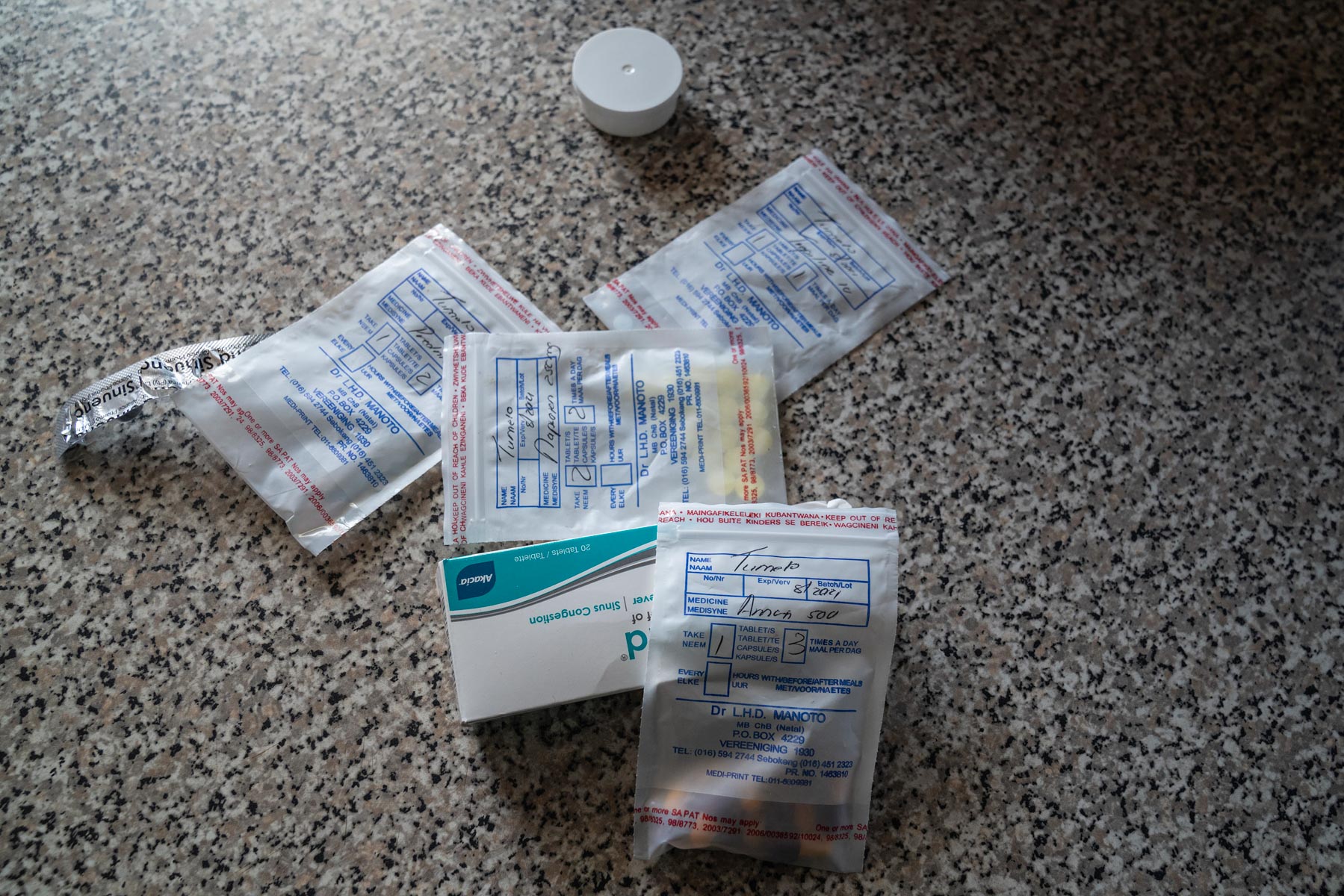 9 April 2020: The medication Tumelo is taking for his injuries from the assault. (Photograph by Ihsaan Haffejee)