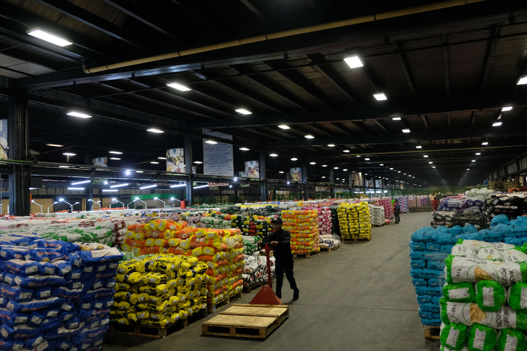 8 May 2020: Avenues of potatoes at the City Deep market. One in three potatoes in South Africa is sold by a street trader.