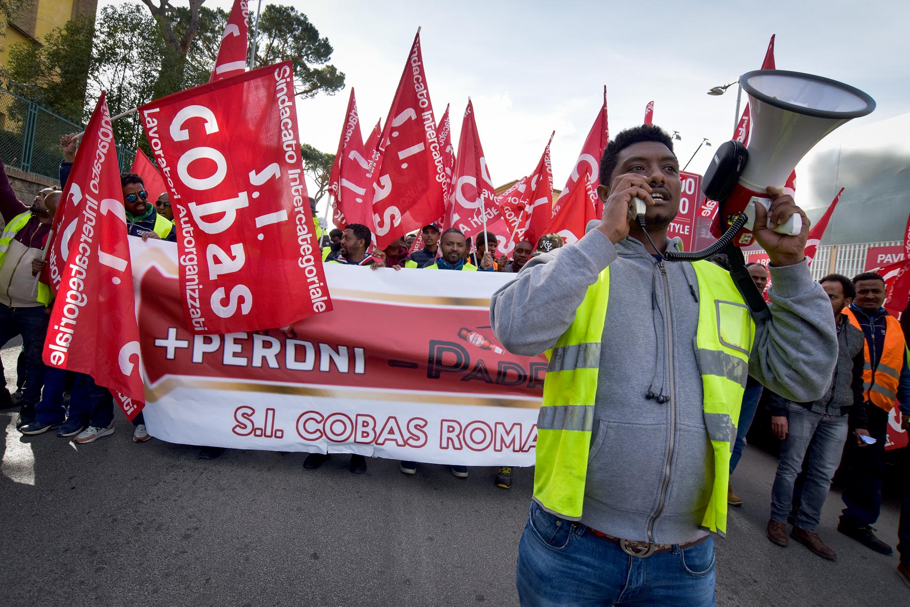 29 February 2020: Long-term Peroni beer factory workers march in Rome, Italy. The Ethiopian and Eritrean refugees were protesting against ‘unsustainable contractual conditions’ and ‘wrong payrolls that do not respect the hours’. (Photograph by Simona Granati – Corbis/ Getty Images)