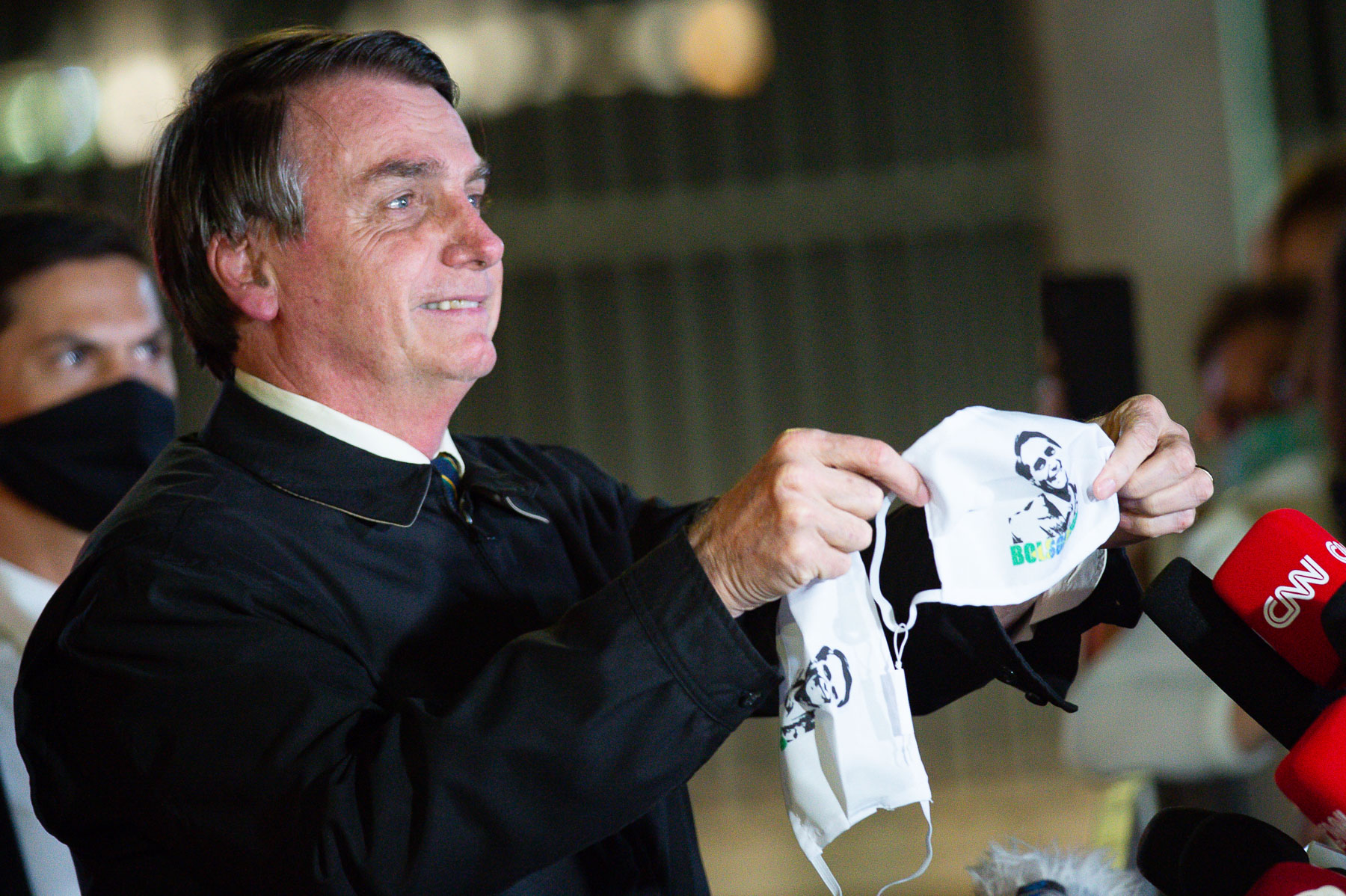 22 May 2020: President of Brazil, Jair Bolsonaro, speaks to the press at Alvorada Palace in Brasilia, Brazil, about a controversial cabinet meeting video. (Photograph by Andressa Anholete/ Getty Images)