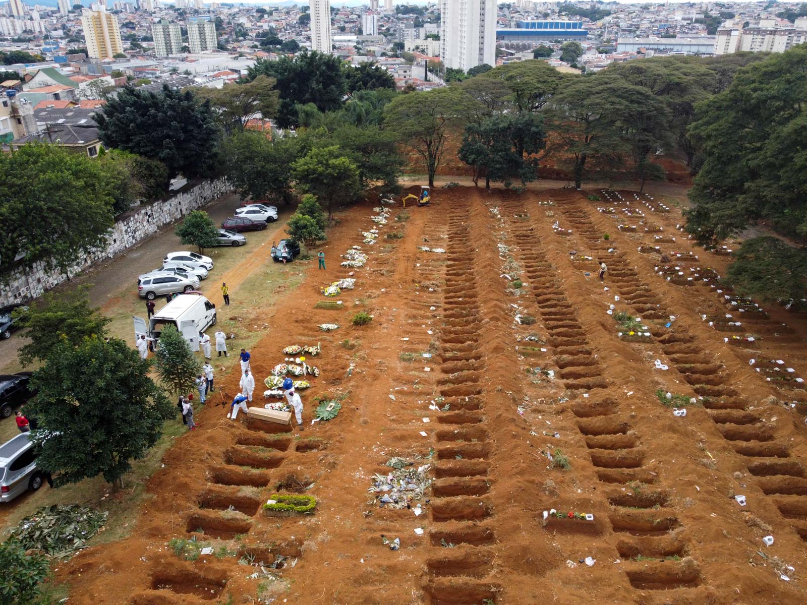 23 May 2020: An aerial view of the cemetery in Vila Formosa in São Paulo, Brazil, where the bodies of Covid-19 victims are buried. (Photograph by Marcello Zambrana/ Anadolu Agency via Getty Images)