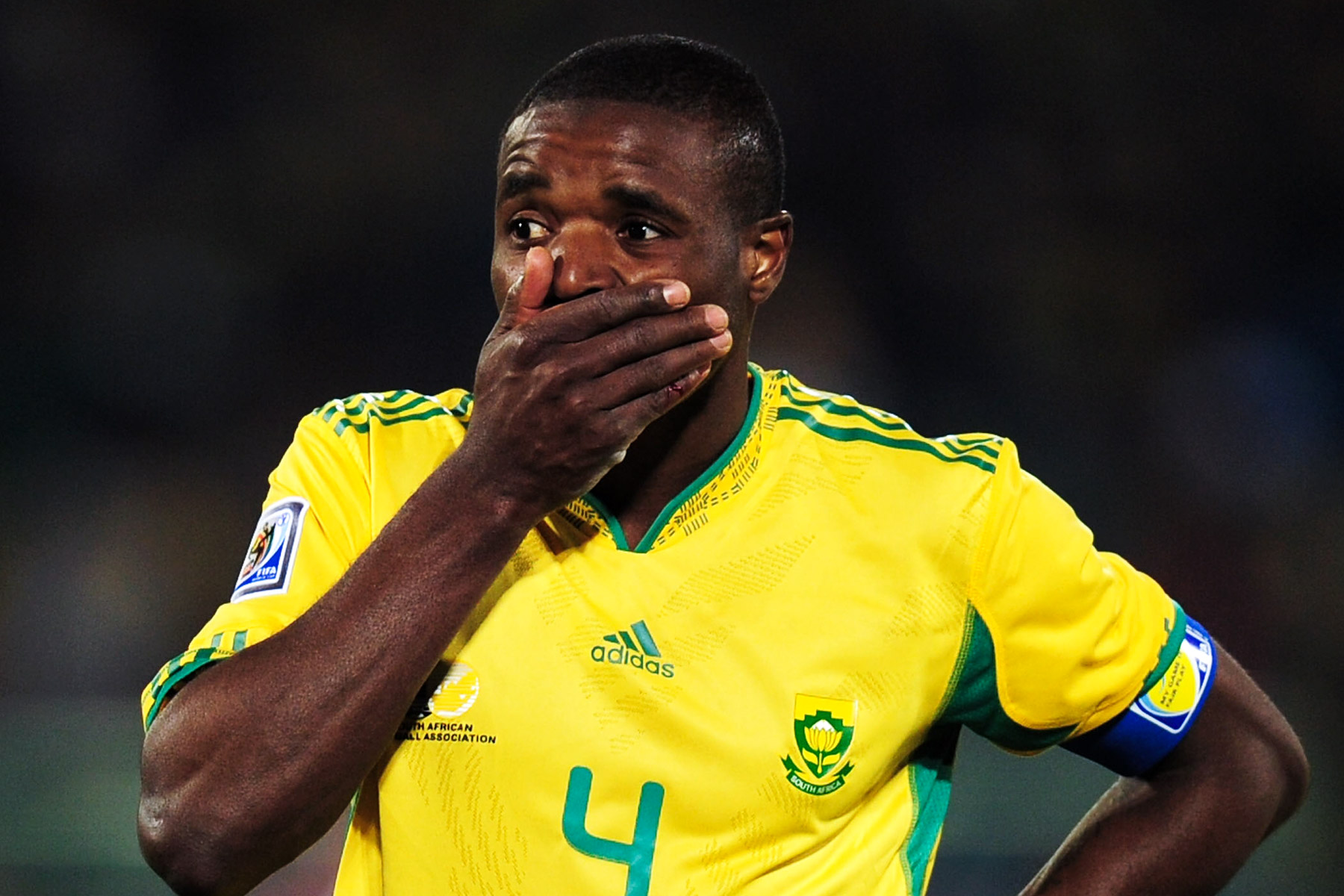 16 June 2010: Aaron Mokoena during Bafana’s 2010 World Cup match against Uruguay at the Loftus Versfeld Stadium in Pretoria. (Photograph by Clive Mason/ Getty Images)