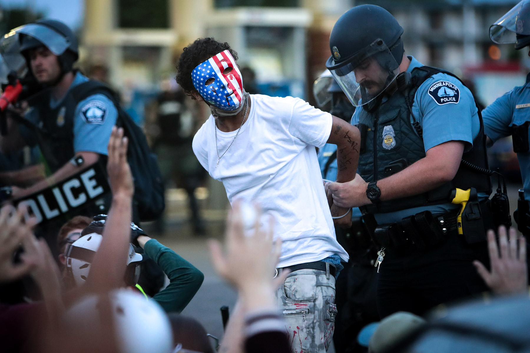 31 May 2020: A demonstrator is arrested during a protest against police brutality in Minneapolis, Minnesota, where George Floyd was killed. Protests continue in cities throughout the country. (Photograph by Scott Olson/ Getty Images)