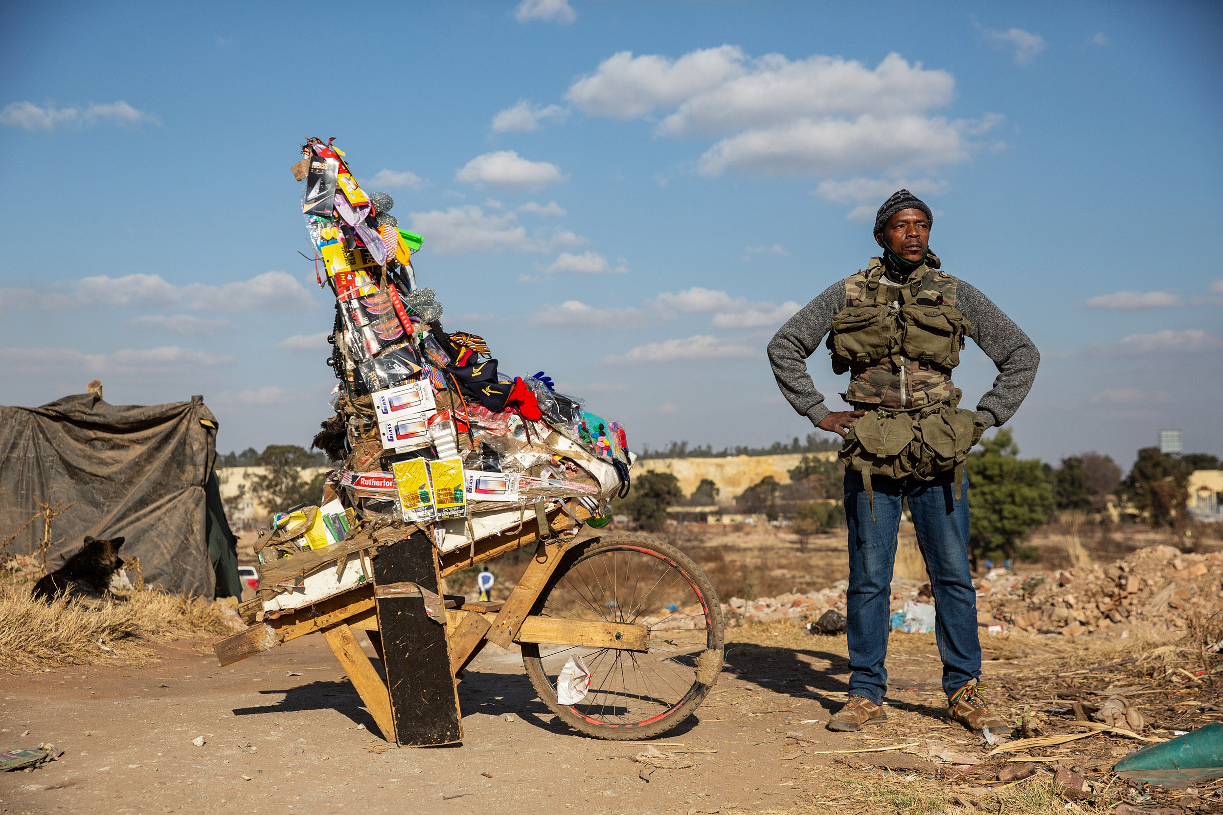 9 July 2020: Gift Shingange has been a travelling salesman in Makause for seven years. He sells all sorts of trinkets from  his custom-made trolley. He also performs ear piercings, fixes watches and punches extra holes in belts. 