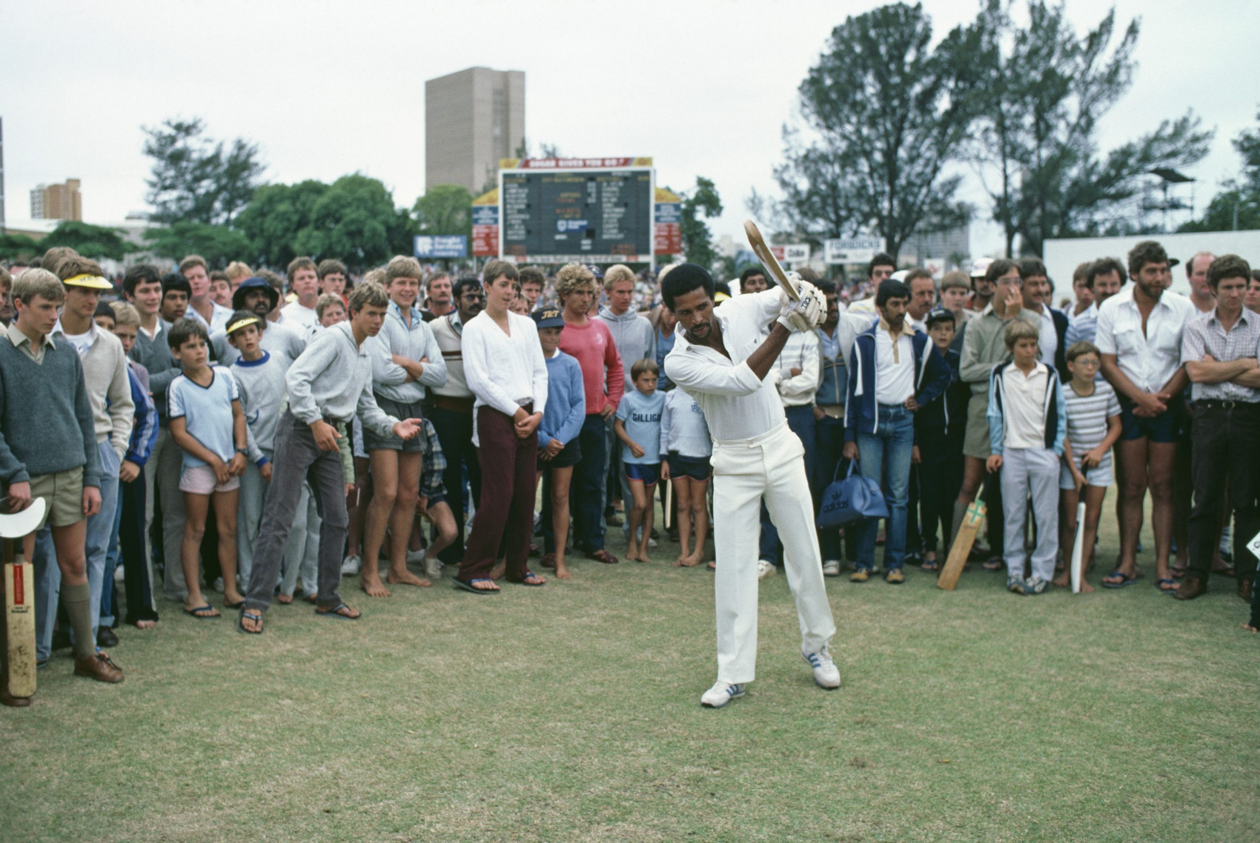 February 1983: Bernard Julien of the rebel West Indies XI in Durban for a one-day international during the team's tour of South Africa, despite a ban on international sports owing to apartheid. The rebel tourists were handed lifetime bans from playing cricket for breaking the international sports boycott imposed on South Africa. (Photograph by Adrian Murrell/ Getty Images)