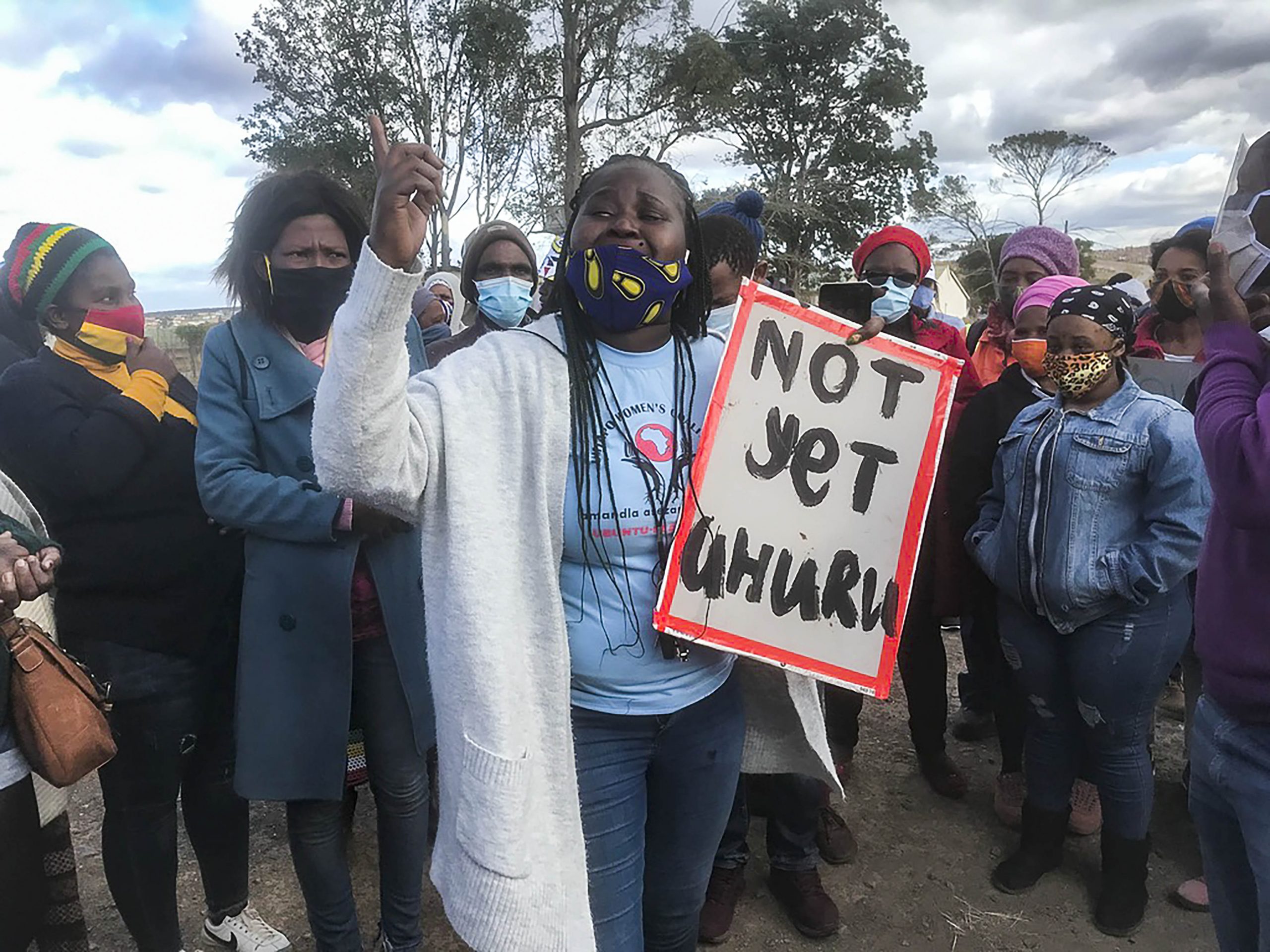 7 July 2020: A distraught Athini Ngxumza addresses protesters during the water strike alongside the N2 highway after police officers fired tear gas into the crowd.