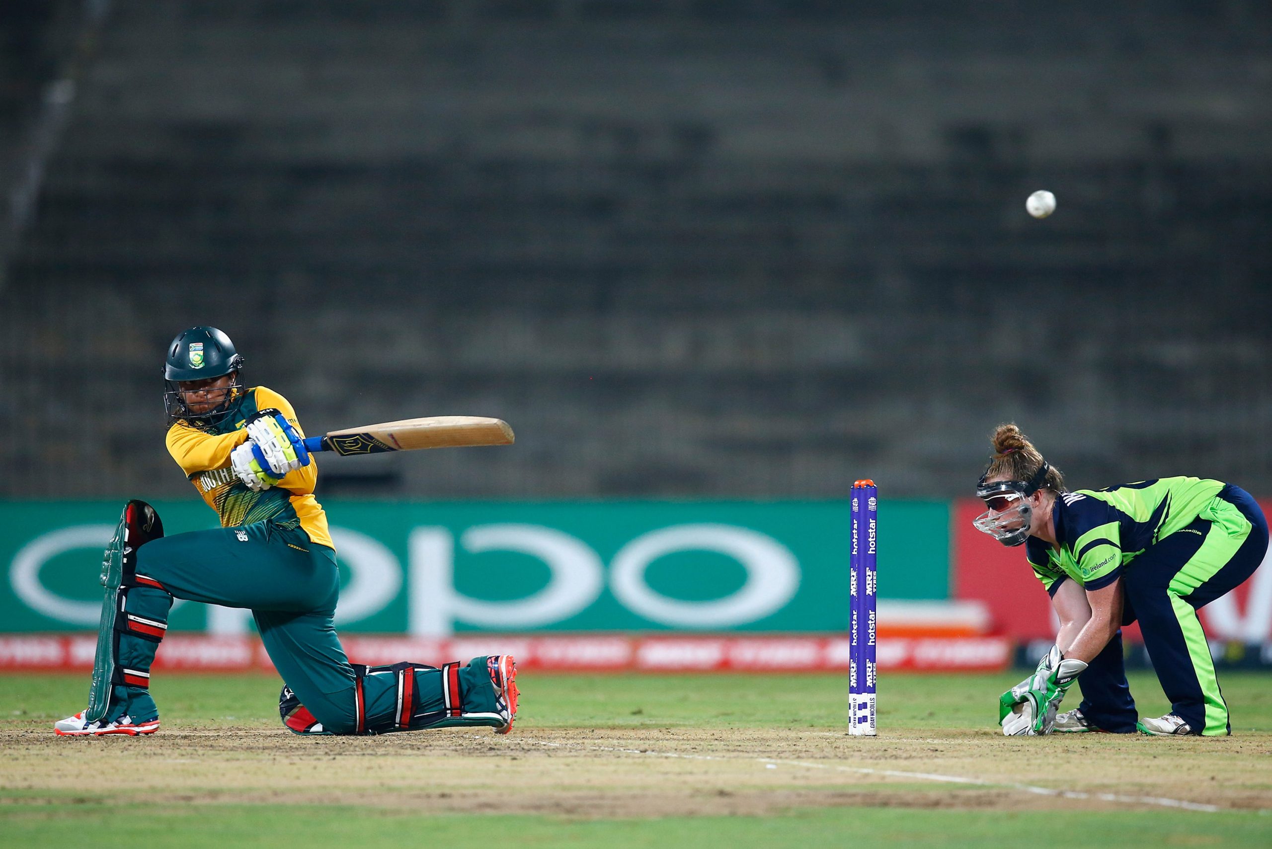 23 March 2016: Dinesha Devnarain sweeps powerfully against Ireland during the ICC Women's T20 World Cup in India. Initially a bowler, she taught herself to bat and made it into the top order, becoming an international allrounder. (Photograph by Christopher Lee-ICC/ ICC via Getty Images)