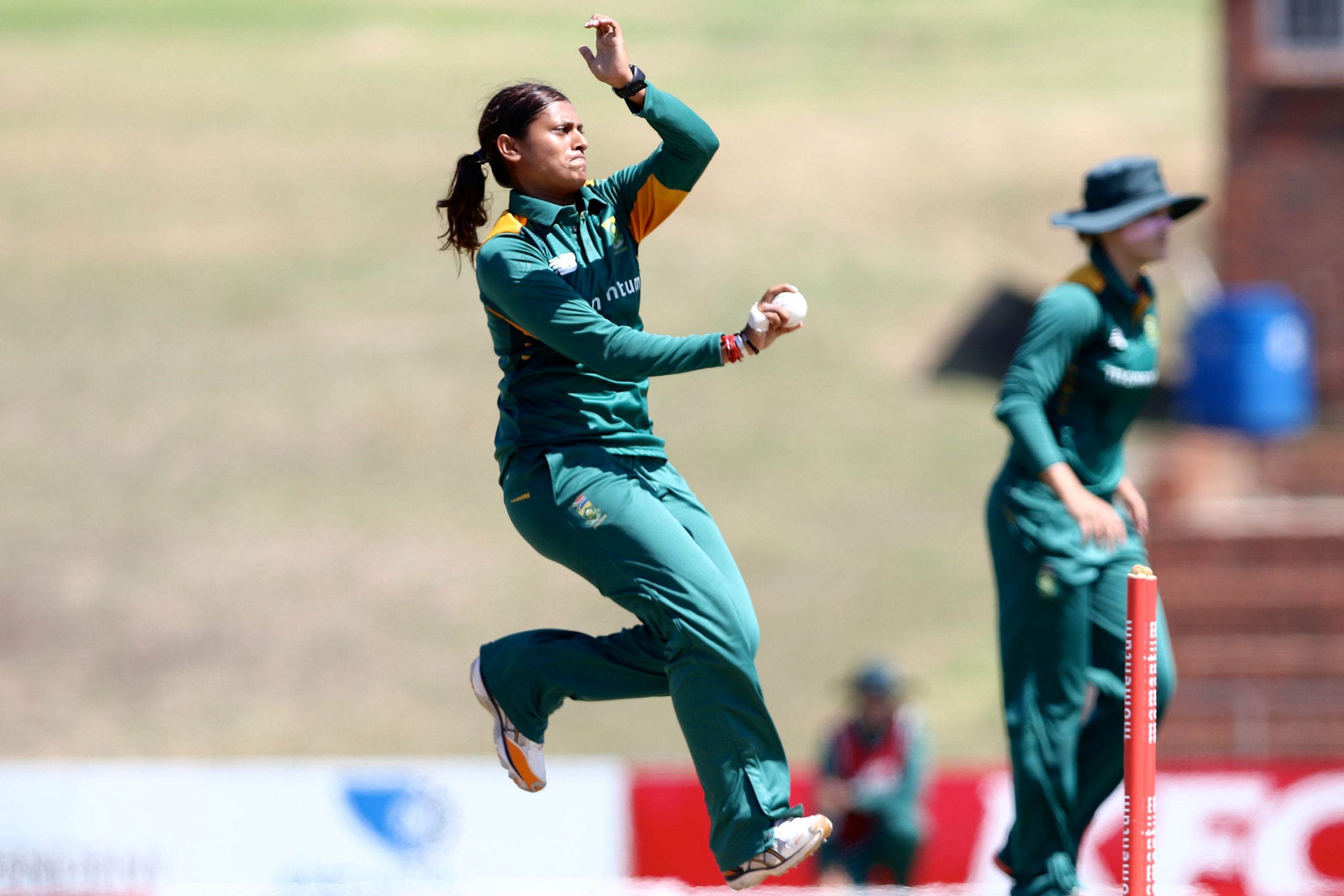 24 February 2016: Dinesha Devnarain running in to bowl against the West Indies at Buffalo Park in East London. Devnarain got her human resources and financial management degrees through cricket bursaries. (Photograph by Richard Huggard/ Gallo Images)