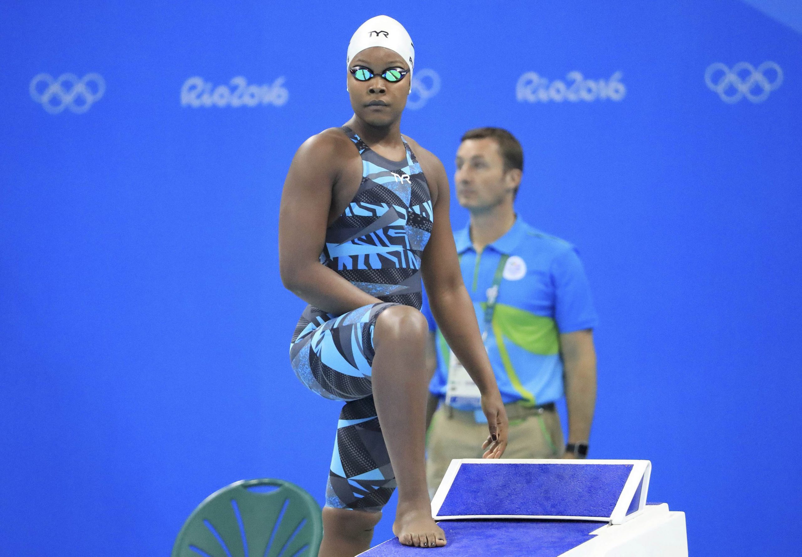 12 August 2016: Naomi Ruele on the starting block for the women’s 50m freestyle heats at the 2016 Olympics in Rio de Janeiro, Brazil. (Photograph by Dominic Ebenbichler/ Reuters)