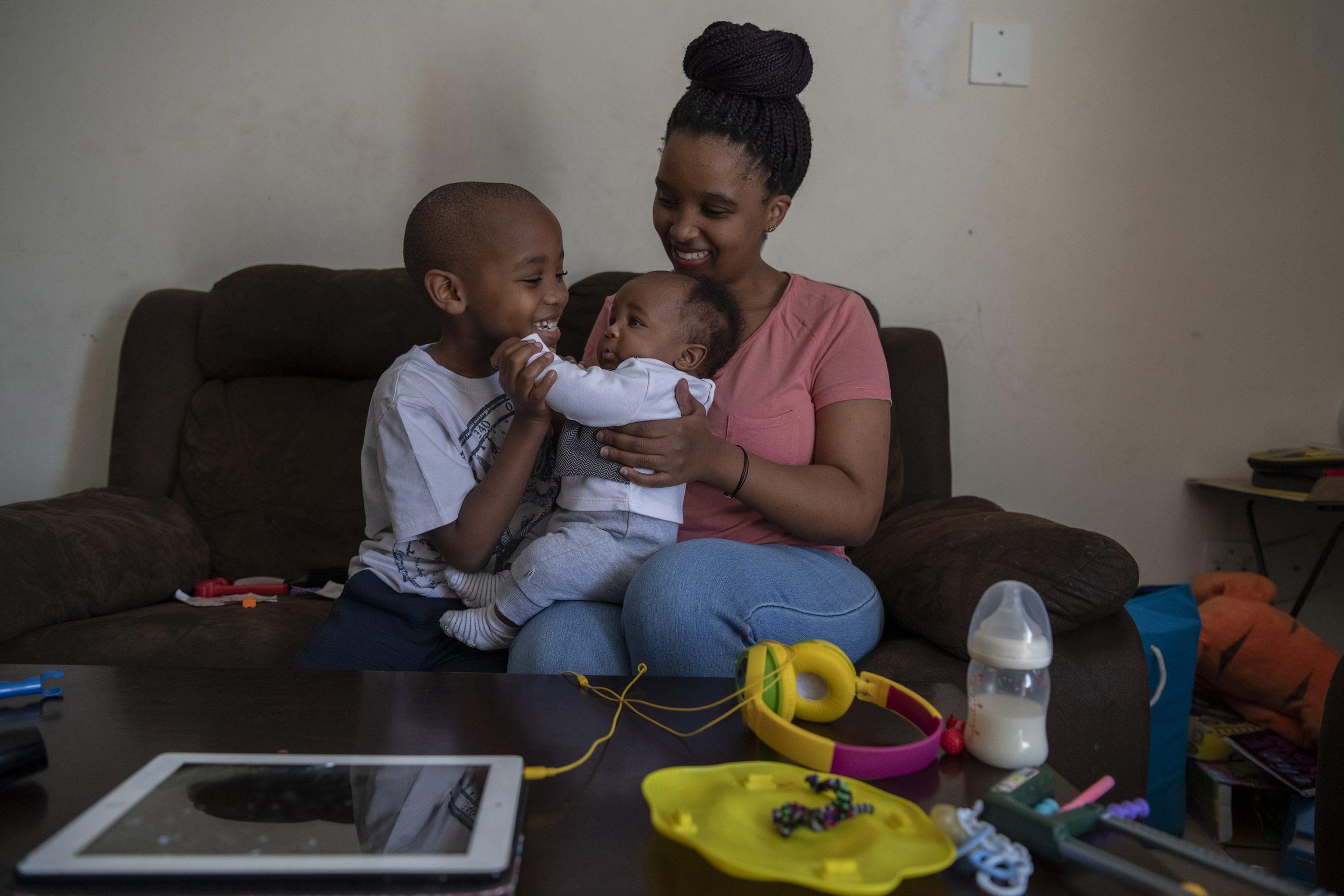 13 August 2020: From left, seven-year-old Esethu plays with his baby brother Khaya. Thembeka Sibiya is concerned that her newborn son will not enjoy the same social life as his brother.