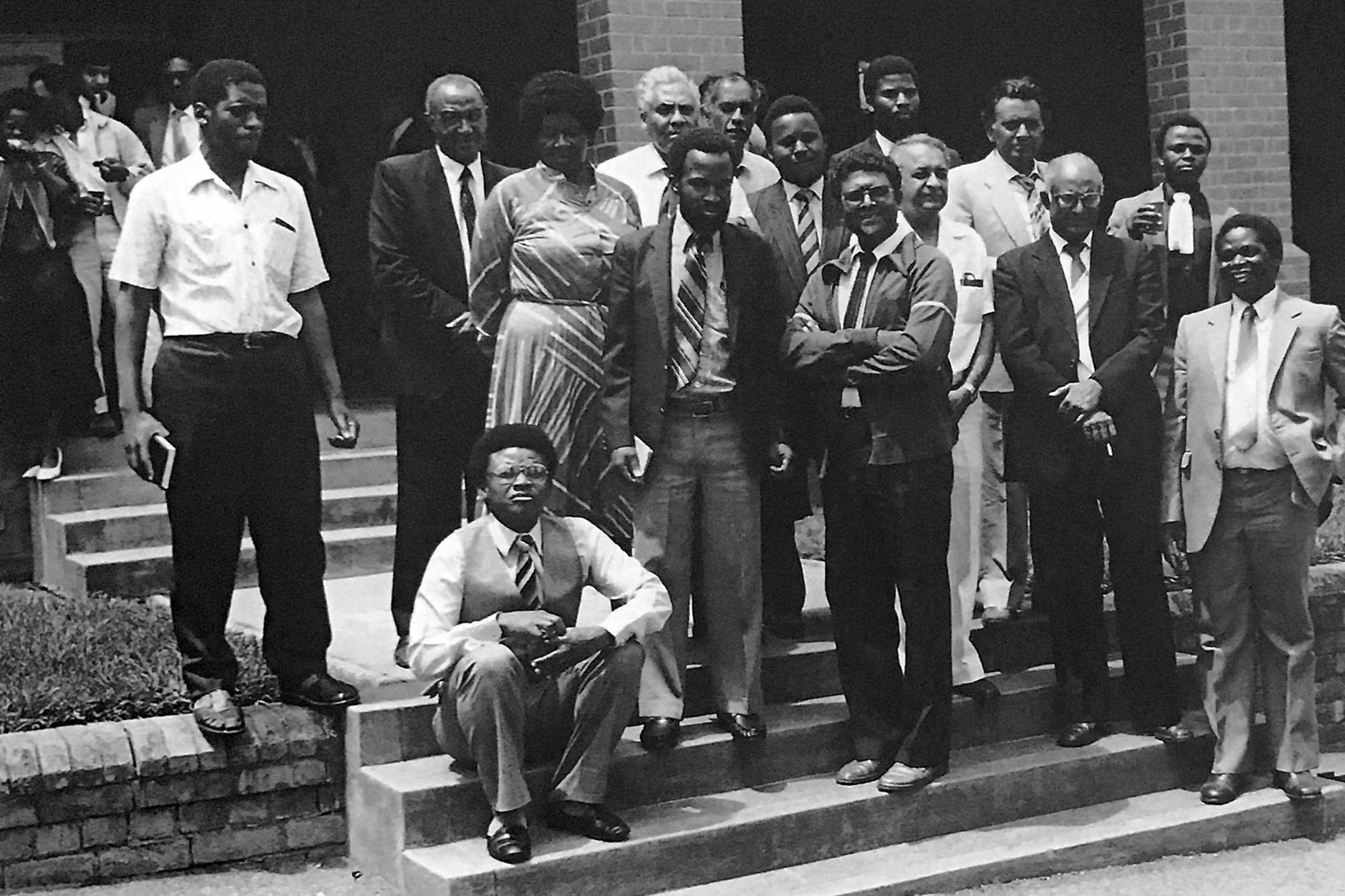 Undated: Sixteen members of the United Democratic Front were accused of treason in the Pietermaritzburg Supreme Court. Paul David is standing third from the left in the front row. (Photograph supplied by UKZN Archives, Documentation Centre)