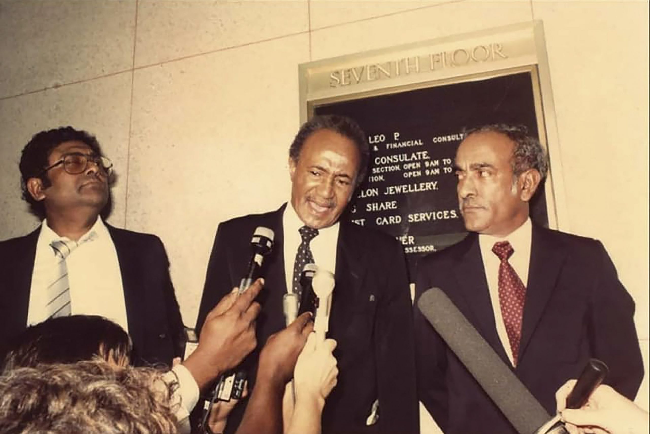 Undated: Paul David, Archie Gumede and Billy Nair pictured outside the British Consulate offices. (Photograph supplied by 1860 Heritage Centre)