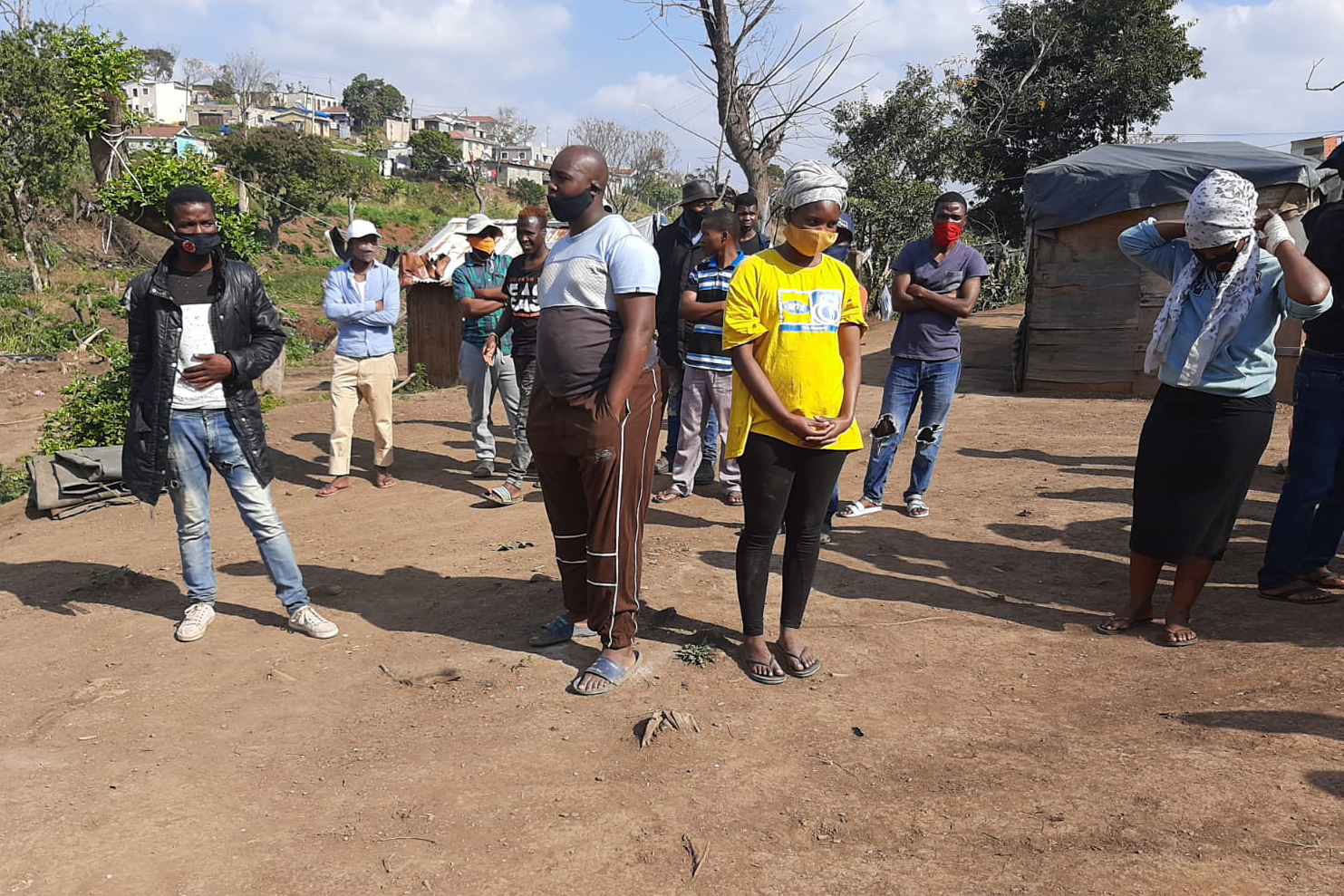 28 July 2020: Displaced residents were beaten and shot at with rubber bullets. Later, the  anti-land invasion unit returned to the occupation. Residents fear they will be attacked again. (Photograph by Abahlali baseMjondolo)