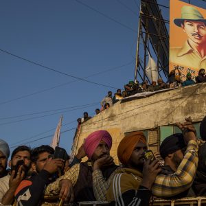 18 December 2020: Indian farmers participate in a protest at Delhi’s Singhu border. They say laws that deregulate the sale of crops put them at risk of losing their livelihoods and land. (Photograph by Anindito Mukherjee/ Getty Images)